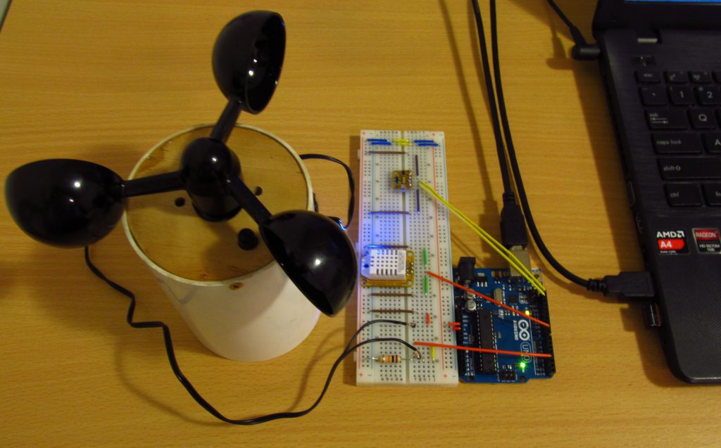 Arduino weather station with temperature, humidity, and pressure sensors as well as anemometer to measure wind speed.